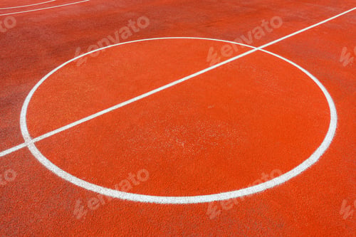 Preview: Minimalist abstract background of an orange tartan outdoor basketball court with white lines.
