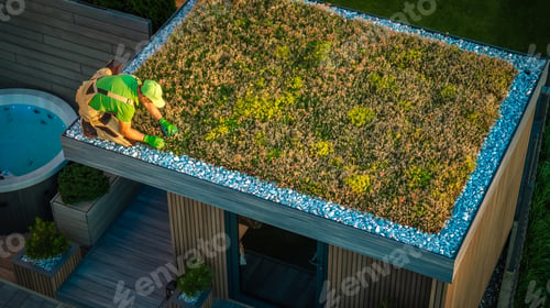Preview: Caucasian Man Taking Care of a Living Roof.