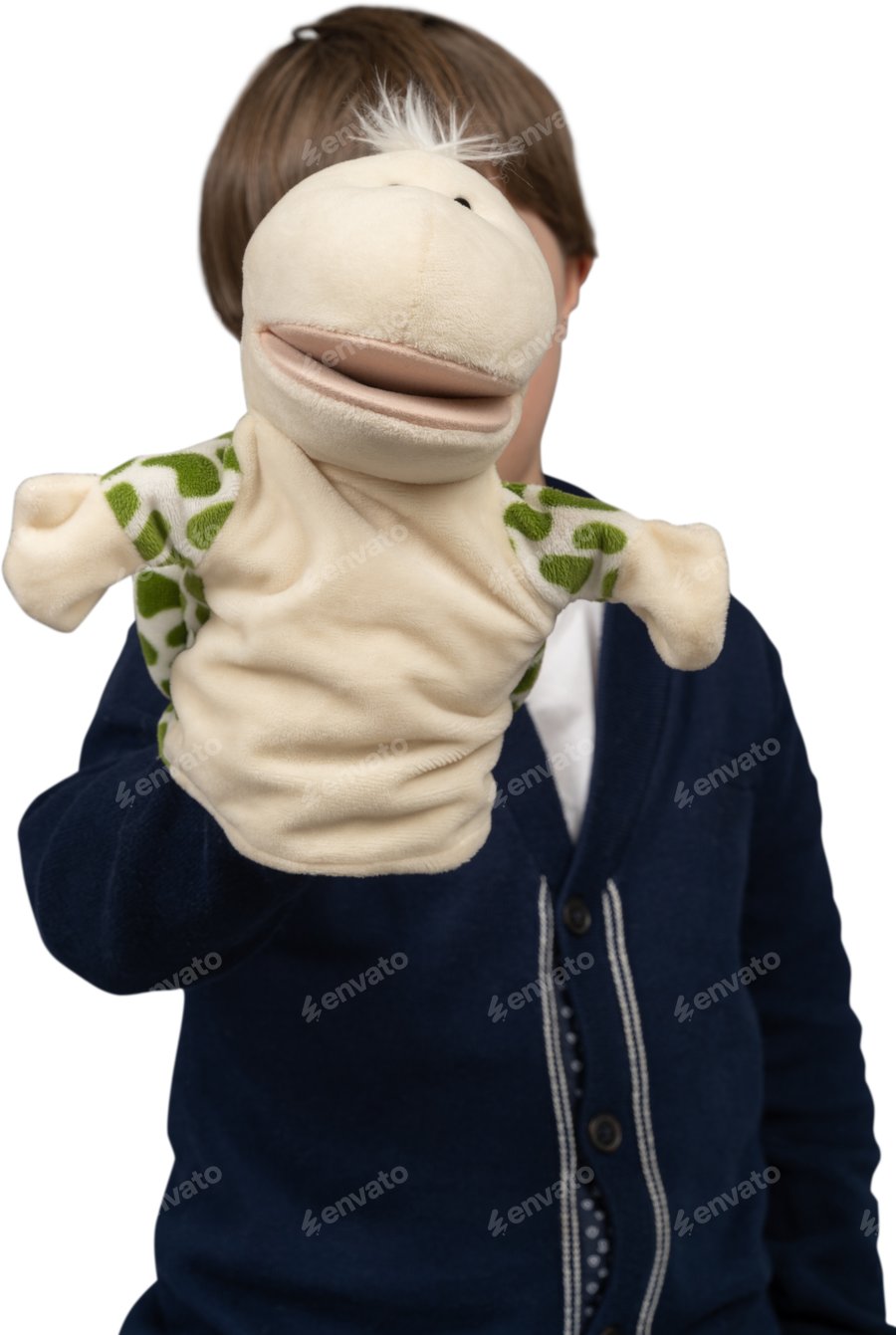 Cover for a young boy wearing a stuffed animal puppet on his face