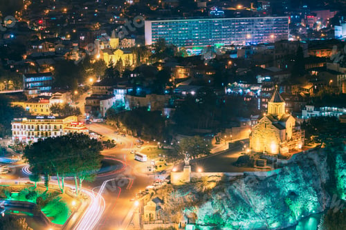 Preview: Tbilisi, Georgia. Night Evening Illuminated View Of Metekhi Chur