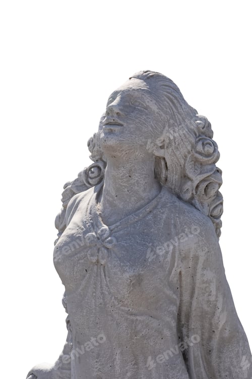 Preview: Close up of stone sculpture of woman with eyes closed on white background