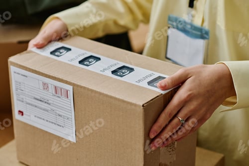 Preview: Hands of young female volunteer holding packed cardboard box