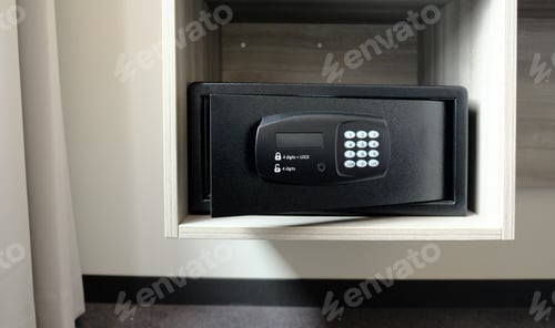 Preview: Metal safe box in the closet. Small narrow safe for keeping money or valuables in the hotel.