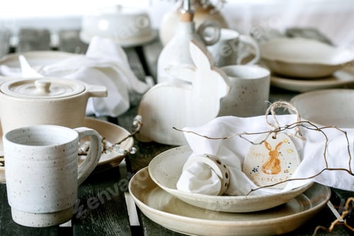 Preview: Easter table setting with empty craft ceramic tableware