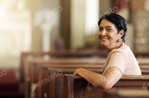 Preview: Senior woman, christian and happy in church, spiritual and religion after service, smile and lifest