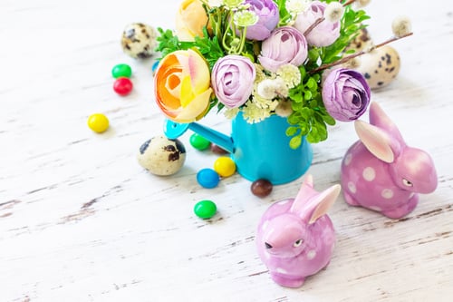 Preview: Happy Easter background. Spring flowers, easter eggs, sweets and easter bunny.