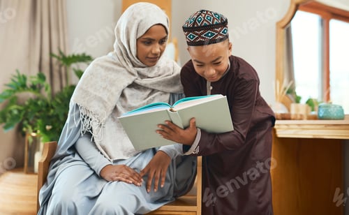 Preview: Shot of a young muslim mother spending time with her son at home
