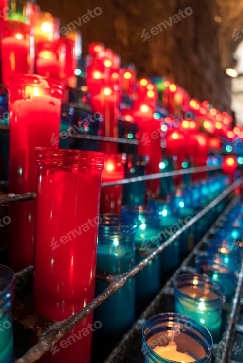 Preview: Colored Candles at Montserrat monastery near Barcelona in Spain