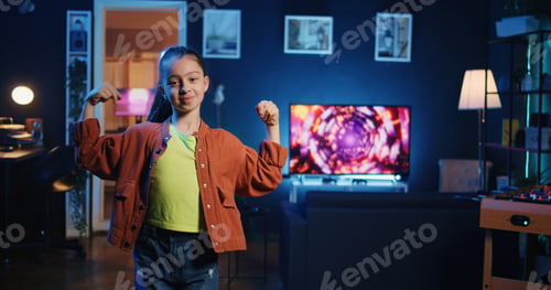 Preview: Panning shot of energetic kid taking part in viral dance trend for social media channel