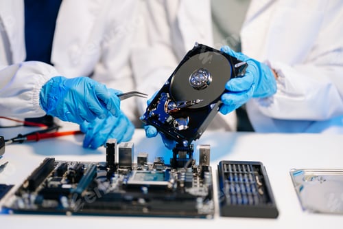 Preview: Hard disk drive on the technician's desk and a computer motherboard as a component. the concept