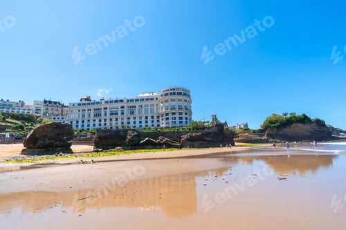 Preview: Green moss at low tide on the beach under the Basta Rock of Biarritz beach, Lapurdi. France