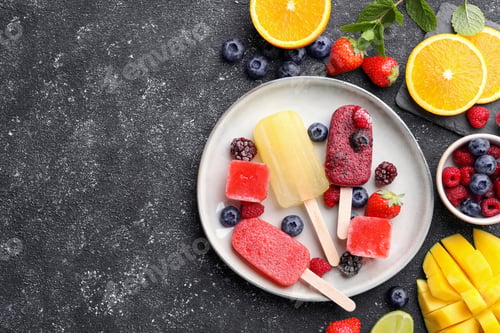 Preview: Plate of different fruit ice pops on black textured table, flat lay. Space for text
