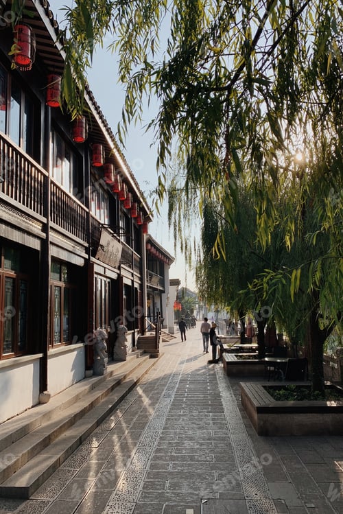 Preview: Early Morning in China, Asia. Old town, red lanterns on building