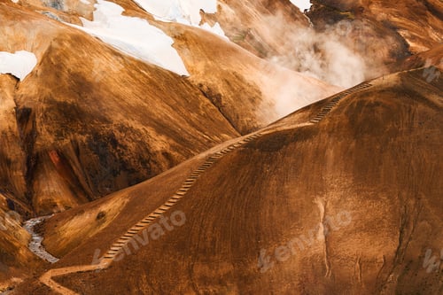 Preview: Kerlingarfjoll volcanic mountain range on geothermal area and sulphur smoke at Highlands of Iceland