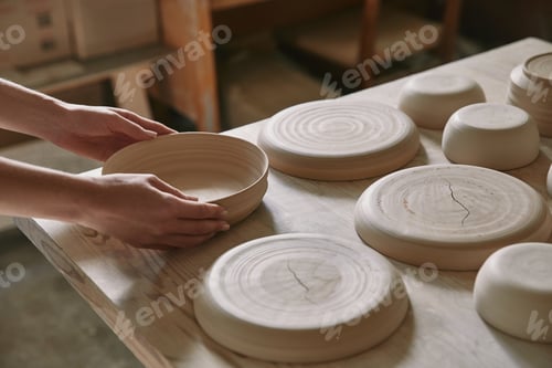 Preview: partial view of woman putting ceramic dish on table at workshop