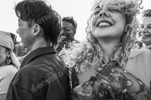 Preview: Happy young people dancing outdoor at festival event - Focus on asian guy face