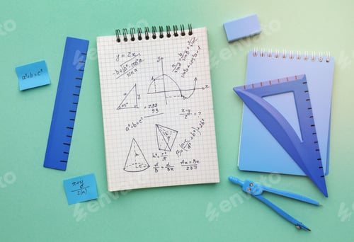 Preview: Top view of a notebook with mathematical equations written in it and blue stationary items