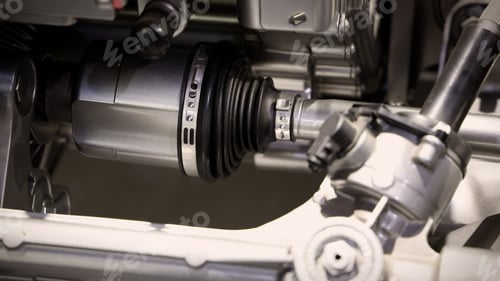 Preview: Car suspensions. Close up of a car suspension parts system such as CV joint Rubber boot and Control arms bushing Steering rack axles Shock absorber suspension Brake. Repair and spare parts for cars.