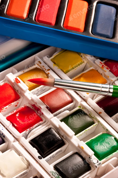 Preview: Vibrant Palette of Watercolor Paints with Brush