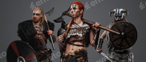 Preview: Redhead female viking with two comrades against grey background