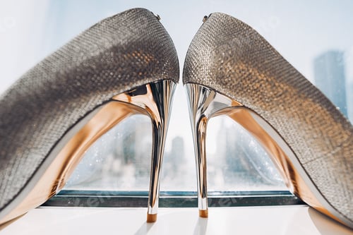 Preview: Elegant Silver High Heels against Urban Skyline
