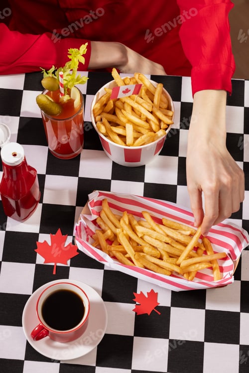 Preview: Canada Day traditional food concept. A girl in a classy cafe eats in Canada. Breakfast and lunch.