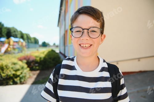 Preview: Smiling student wearing glasses and backpack returning to school