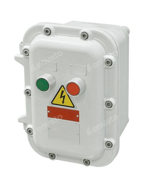 Preview: Grey control panel with red and green electric buttons