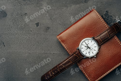 Preview: Male watch and leather wallet on dark grey surface