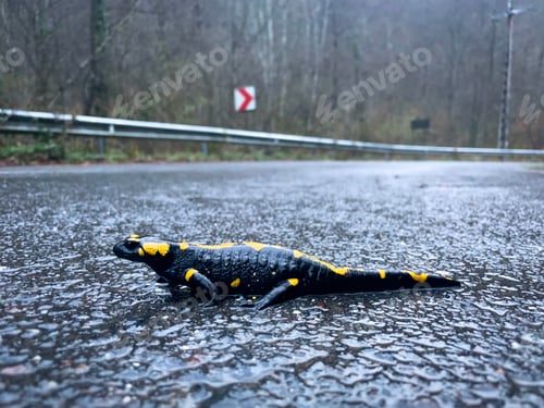 Preview: Salamander crossing an empty road on a rainy day