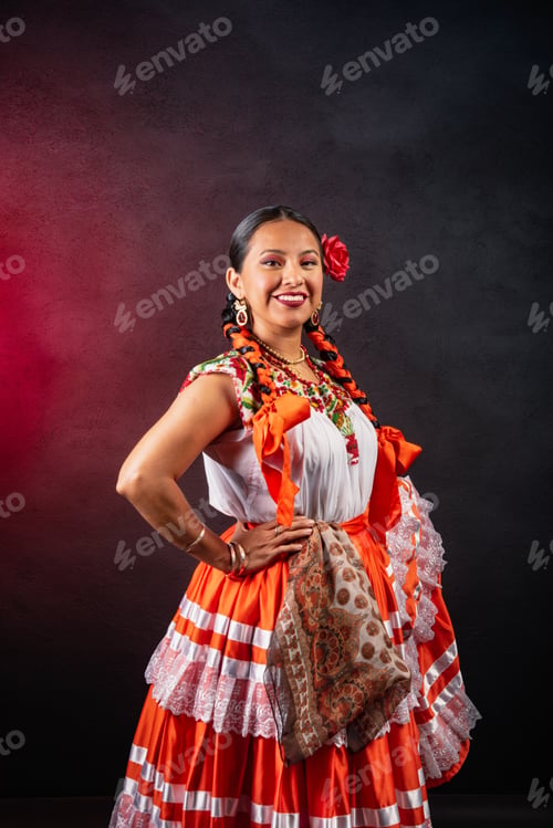 Preview: A woman in a red and white dress is posing for a photo