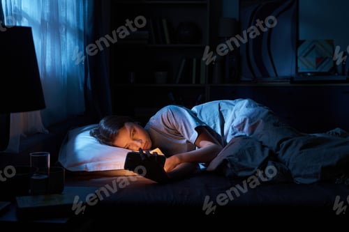 Preview: Young Woman Lying in Bed Browsing Smartphone Screen at Night