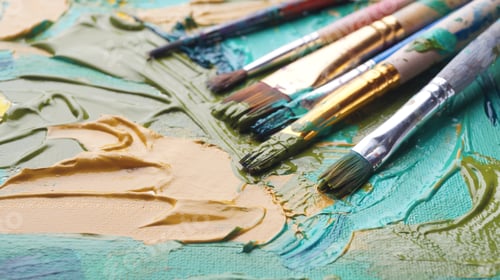 Preview: Many brushes on artist's palette with mixed paints, closeup