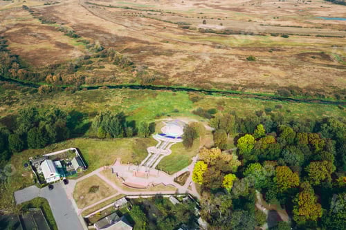 Preview: Chachersk, Gomel Region, Belarus. Aerial View Of Skyline Cityscape. Amphitheater In Park At Sunny