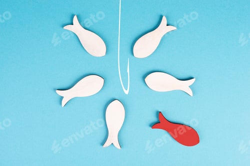 Preview: Group of fishes swimming to the fishing rod, red fish makes his own decision and takes a different