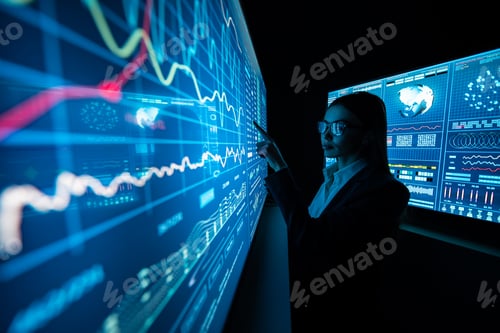 Preview: The business lady standing near the sensor screen in the dark laboratory.