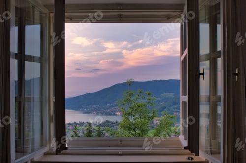 Preview: Beautiful morning view of a beach from an open window