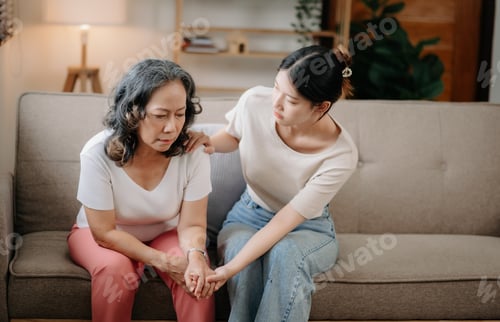 Preview: Asian woman taking care and giving a glass of water and taken daily medicine or vitamin supplements