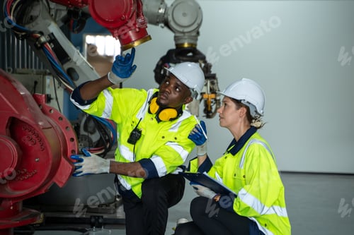 Preview: Robotics engineers inspect and maintain spare parts of industrial robot arm controller.