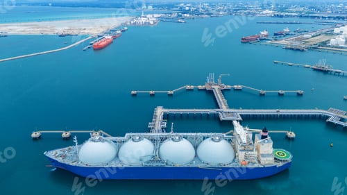 Preview: LNG (Liquified Natural Gas) tanker anchored in Gas terminal gas tanks for storage.