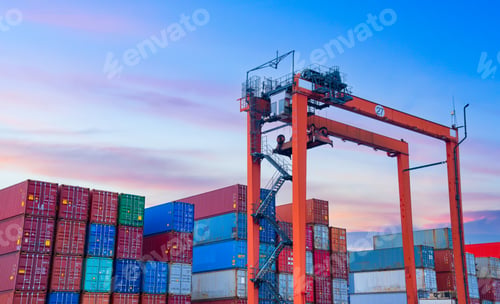 Preview: Cargo ship and truck at seaport waiting for container dock crane shipment harbour loading container
