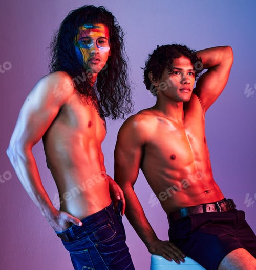 Preview: Skin, men and art model for beauty creativity with paint as artwork isolated in a purple studio bac
