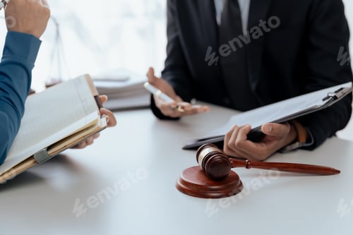 Preview: Close-up of legal documents, a gavel, and attorneys discussing case details in a professional.