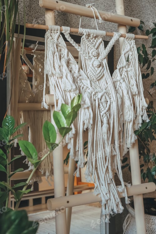 Preview: Macrame.Woman weaves home decor from cotton thread macrame pattern.Handmade in macrame technique