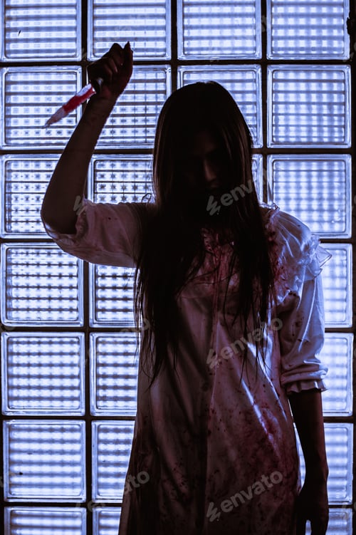 Preview: bloody hand of Ghost woman in the dark. nightmare, horror of scary fear on hell is monster devil in