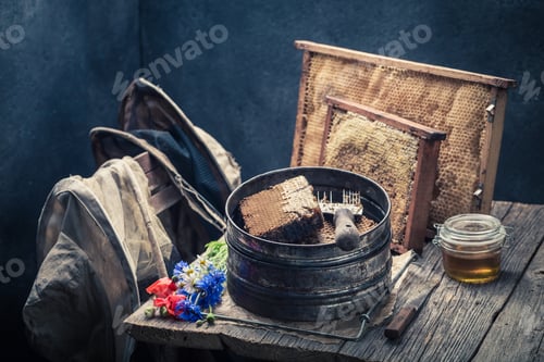 Preview: Vintage tools for beekeeping, honeycombs with honey and hats