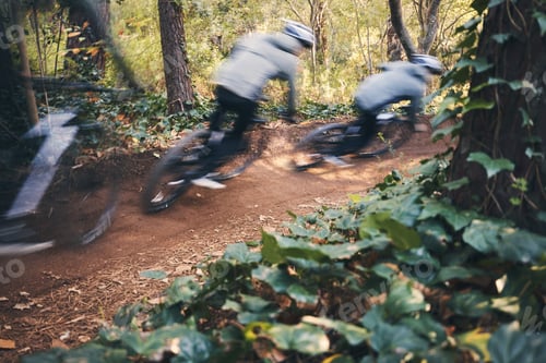 Preview: Fitness, cycling, and race with men in nature for training, extreme sports and motion blur. Workout