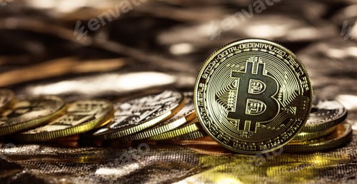 Preview: Bitcoins stack on golden background