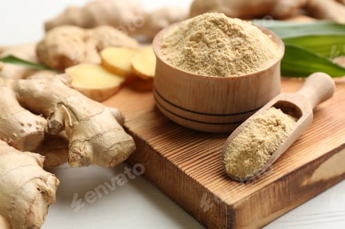 Preview: Dry and fresh ginger on white table