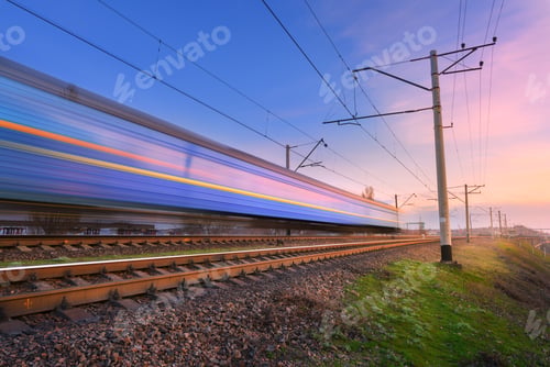 Preview: High speed blue passenger train in motion